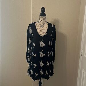 Free People Women’s Embroidered Floral Black and White Women's Tunic Mini Dress